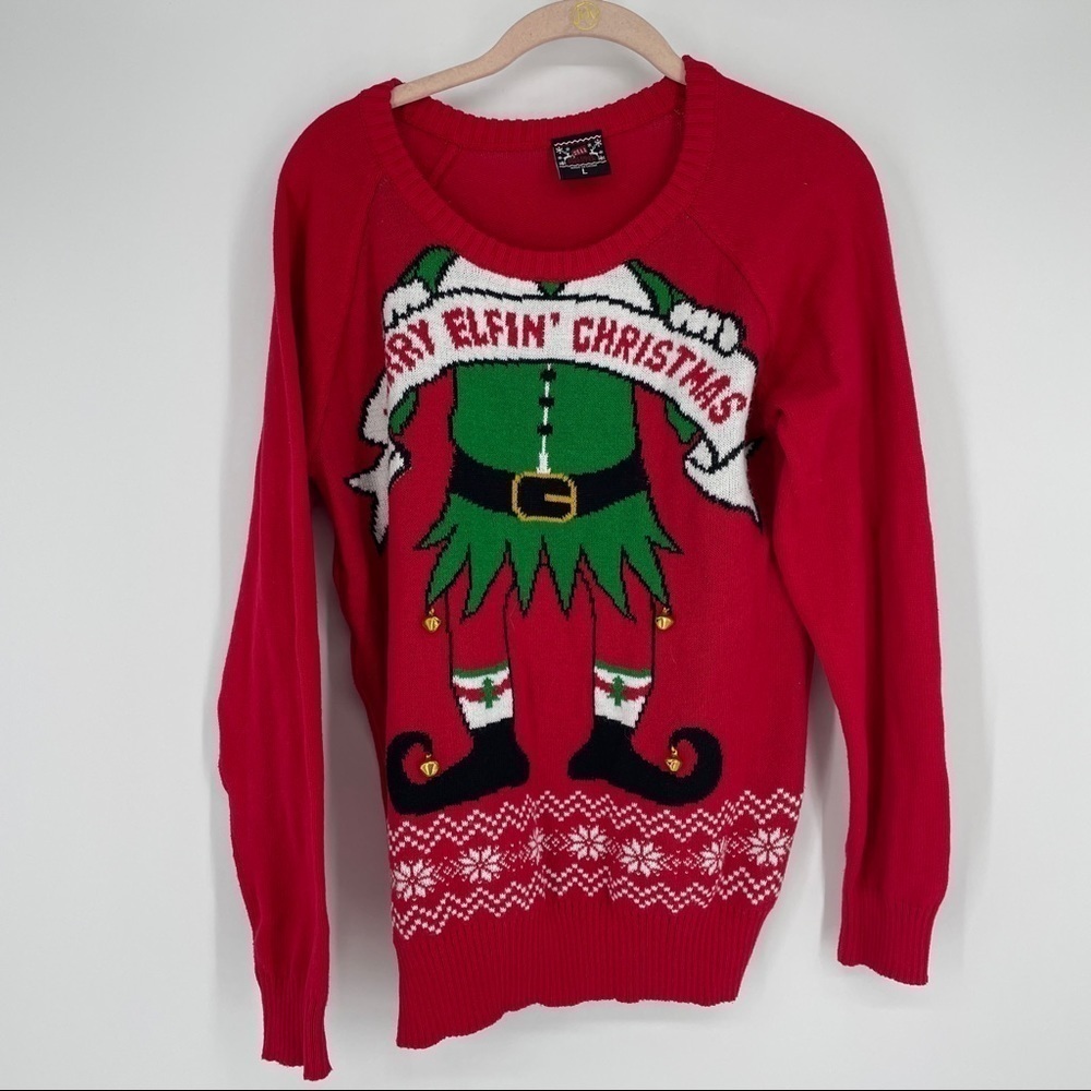 Christmas sweater red knit elf long sleeve with bell detail